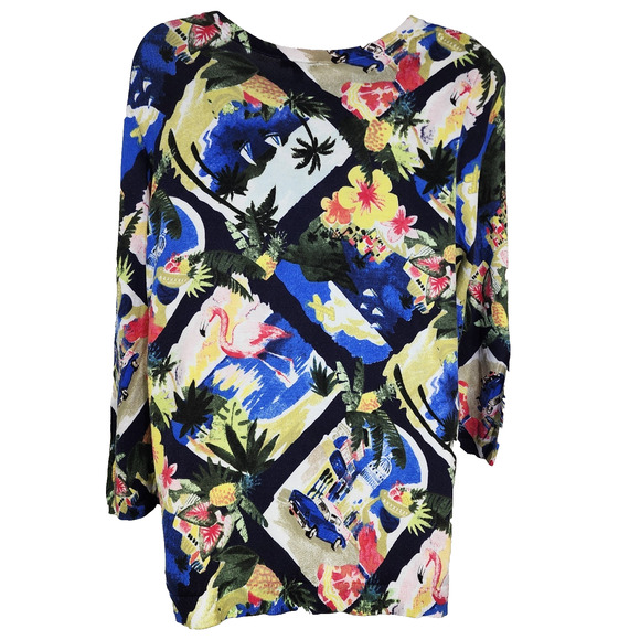 Talbots Womens Cardigan Sweater 0X Tropical Palm Flamingo Button Stretch Knit - Picture 2 of 9